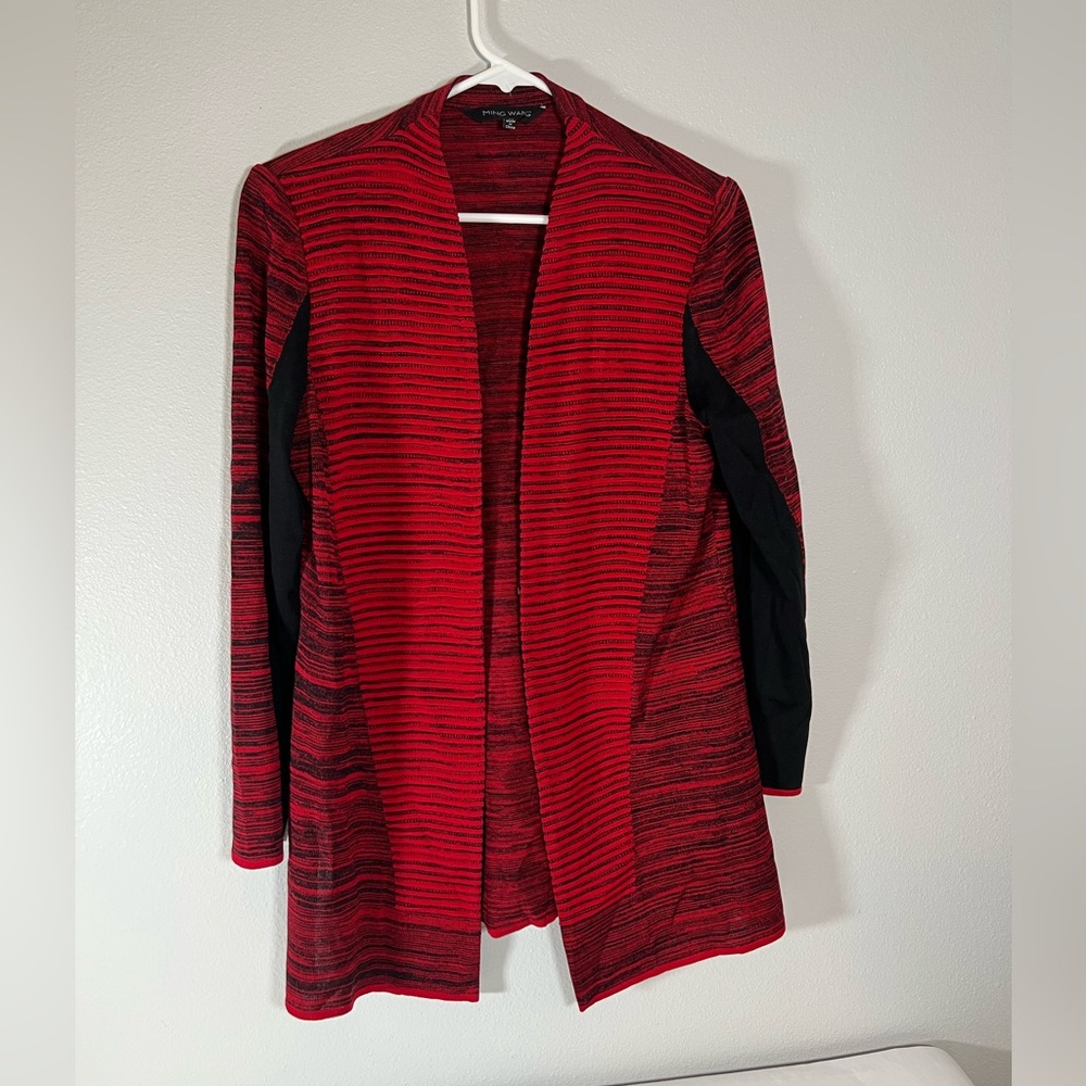 Ming Wang M Red and Black Striped‎ Women's cardigan